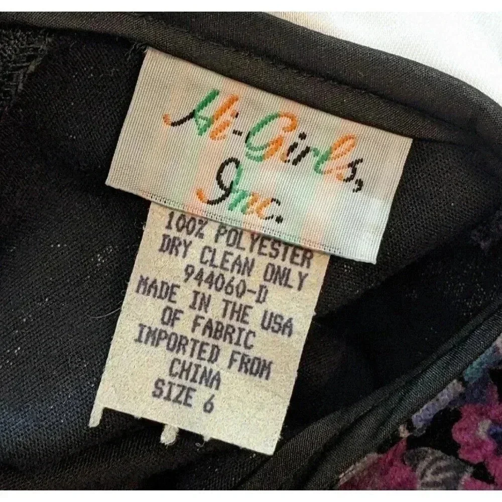 Vintage Hi Girls Inc Dark Purple Black Floral Velvet Dress Peter Pan Collar 80s
